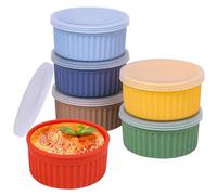 Koluti Lot de 6 ramequins antiadhésifs en silicone de 118 ml avec couvercle, passent au four, pour la cuisson, mini soufflé, crème glacée, dessert, pudding, sauce, sans BPA, passent au micro-ondes, au