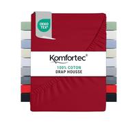 Komfortec Drap Housse Lit 140x200 cm - Jersey 100% Coton 135g/m² - Certifié Oeko-Tex - Bonnet 30 cm - Drap Lit avec Élastique pour Matelas Épais - Rouge