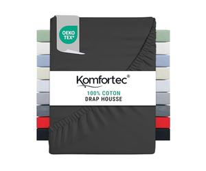 Komfortec Drap Housse Lit 180x200 cm - Jersey 100% Coton 135g/m² - Certifié Oeko-Tex - Bonnet 30 cm - Drap Lit avec Élastique pour Matelas Épais - Anthracite