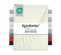 Komfortec Drap Housse Lit 200x200 cm - Jersey 100% Coton 135g/m² - Certifié Oeko-Tex - Bonnet 30 cm - Drap Lit avec Élastique pour Matelas Épais - Écru