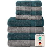 Komfortec Ensemble de Serviettes 8 Pièces, 4 Serviettes de Bain 70x140 cm et 4 Essuie-Mains 50x100 cm, 100% Coton, Gris Anthracite/Bleu Pétrole