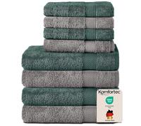 Komfortec Ensemble de Serviettes 8 Pièces, 4 Serviettes de Bain 70x140 cm et 4 Essuie-Mains 50x100 cm, 100% Coton, Gris Anthracite/Vert Foncé