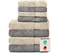 Komfortec Ensemble de Serviettes 8 Pièces, 4 Serviettes de Bain 70x140 cm et 4 Essuie-Mains 50x100 cm, 100% Coton, Gris Anthracite/Beige