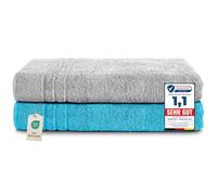 Komfortec Lot de 2 Serviettes de Sauna 80 x 200 cm 100% Coton XXL - Grandes Serviettes de Sauna Douces, à séchage Rapide, Gris Argenté/Turquoise