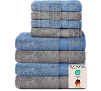 Komfortec Lot de 8 Serviettes 100% Coton, 4 Serviettes de Bain de 70 x 140 cm et 4 Serviettes de Toilette de 50 x 100 cm, éponge Douce, Grande Taille, Anthracite/Bleu Clair