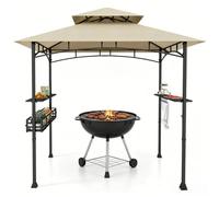 KOMFOTTEU Abri Barbecu, Panier, Crochets, 2 Étagères, 242 x 153 x 250 cm | Tonnelle de Jardin Exterieur pour Grill, Double Toit, Cadre Métal, Tonnelle de BBQ pour Camping, Pique-niques, Fête, Beige