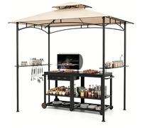 KOMFOTTEU Abri Barbecue Double Toit, 2 Étagères, 240x151x255cm, Beige | Tonnelle de Jardin Exterieur pour Grill avec 7 Crochets, Tonnelle de Barbecue pour Camping, Pique-niques, Fête, BBQ