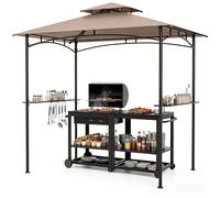KOMFOTTEU Abri Barbecue Double Toit, 2 Étagères, 240x151x255cm, Café | Tonnelle de Jardin Exterieur pour Grill avec 7 Crochets, Tonnelle de Barbecue pour Camping, Pique-niques, Fête, BBQ