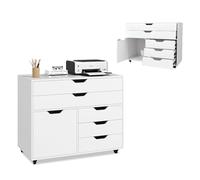 KOMFOTTEU Armoire Classement Mobile, 5 Tiroirs, 77,5x40x64 cm, Blanc | Caisson de Rangement Mobile avec Armoire à Porte, Meuble de Rangement de Bureau, 5 Roulettes Universelles