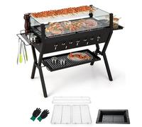 KOMFOTTEU Barbecue à Charbon de Bois, avec Pare-brise et Porte-épices | Grille de Barbecue en Métal, Barbecue camping avec Paire de Gants, Barbecue extérieur 3 en 1, 98 x 70 x 68 cm, noir