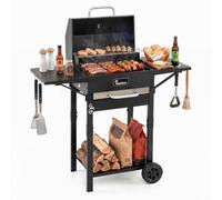KOMFOTTEU Barbecue à Charbon en Métal avec Roues, 110x43x105 cm, Noir | Fumoir Extérieur Mobile avec Thermomètre, Grilles Émaillées, Tablettes Latérales, Bac à Cendres et Décapsuleur