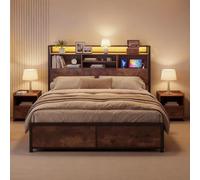 KOMFOTTEU Cadre Lit Métal Station Charge, 4 Tiroirs & Tête de Lit 160x200cm | Lits 2 Personnes avec Lumières LED, Sommier Lattes, Lits avec Rangement pour Chambre, Adultes & Adolescents