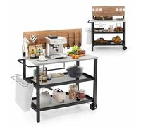 KOMFOTTEU Chariot Barbecue, 3 Niveaux, Plateau Rabattable, 116x55x130 cm | Desserte de Jardin, avec Porte-Serviettes, Crochets, Table de Grill mobile, Noir