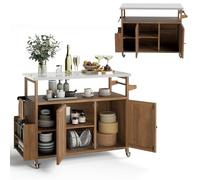 KOMFOTTEU Chariot Barbecue en Bois, Plan de Travail Acier, 130 x 47 x 92 cm | Desserte de Jardin, 3 Étagères Ouvertes & 1 Armoire, Desserte d’Extérieur, Porte-épices & Porte-serviettes, Marron