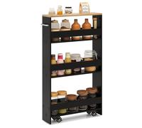 KOMFOTTEU Chariot de Rangement Coulissant à 4 Étagès, Petite Desserte de Cuisine avec 4 Roues universelles, Chariot Organisateur avec Poignée, Gain de Place, 47,5 x 20 x 80,5 cm (Noir + Naturel)