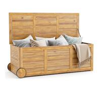 KOMFOTTEU Coffre de Jardin 182 L avec Roulettes et Poignées, Boîte en Bois d'Acacia avec Sac intérieur imperméable à l'eau, Banc de Rangement Extérieur mobile, 127 x 50 x 45 cm