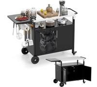 KOMFOTTEU Desserte Barbecue Roulettes, Plan Acier Inoxydable 127x50x84cm | Desserte de Jardin avec Armoire à Porte, Desserte d’Extérieur, Porte-Serviettes & 6 Crochets, Noir
