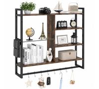KOMFOTTEU Étagère Murale 6 Niveaux Moderne Cadre Métallique, Noir | Meuble de Rangement Suspendu, Tablette Verre Trempé, Pochette Latérale, 8 Crochets en S Amovibles, Présentoir Flottant