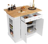 KOMFOTTEU Îlot Central Mobile, Plan Travail Bois Massif, 2 Tiroirs, Blanc | Desserte de Cuisine avec Étagères latérales à 3 Niveaux, Desserte de Service, 120 x 61 x 92 cm