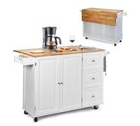 KOMFOTTEU Îlot Centrel de Cuisine avec Plateau plié en Bois d'Hévéa, blanc | Chariot de Cuisine avec 3 Tiroirs, Desserte à Roulettes avec Armoire à double Porte, 43 x 136 x 91 cm