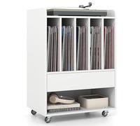 KOMFOTTEU Meuble Platine roulettes & Tiroir 180 Albums Étagère Vinyle Blanc | Meuble Rangement Tourne-Disque Mobile, 5 Compartiments Support Vinyle, Étagère inférieure et Crochets, 52x35,5x73cm