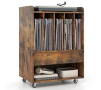 KOMFOTTEU Meuble Platine roulettes & Tiroir 180 Albums Étagère Vinyle Brun | Meuble Rangement Tourne-Disque Mobile, 5 Compartiments Support Vinyle, Étagère inférieure et Crochets, 52x35,5x73cm