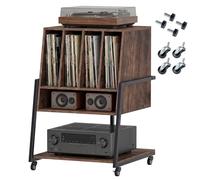 KOMFOTTEU Meuble Platine Vinyle avec Roulette, Marron, sans Station Charge | Support de Tourne-Disque, Compartiments & Étagère inférieure, Meuble Tourne-Disque, 54 x 57 x 76,5 cm