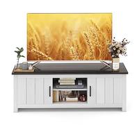 KOMFOTTEU Meuble TV Bas pour Téléviseur jusqu'à 65 Pouces, Banc TV avec 2 Armoire à Porte et Étagères Ouvertes à 2 Niveaux, Meuble Téle pour Salon, Chambre, 145 x 39,5 x 49,5 cm (Blanc + Marron)