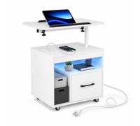KOMFOTTEU Table de Chevet à LED 16 Couleurs avec Plateau Inclinable, Blanc | Bout de Canapé, Meuble d'Appoint Rotative à 360° avec Station de Recharge, Tiroir, Niche Ouverte et Roulettes, 60x40x74 cm