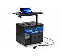 KOMFOTTEU Table de Chevet à LED 16 Couleurs avec Plateau Inclinable, Noir | Bout de Canapé, Meuble d'Appoint Rotative à 360° avec Station de Recharge, Tiroir, Niche Ouverte et Roulettes, 60x40x74 cm