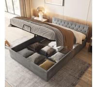 KOMHTOM 140 x 200 cm Lit Rembourré Coffre avec Sommier à Lattes en Bois, Cadre de Lit Plateforme avec Rangement sous lit, pour Adultes, Adolescents(sans Matelas)