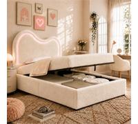 KOMHTOM 90x200cm Lit Hydraulique avec Sommier à Lattes,Lit Simple Rembourré | Cadre de lit,Lit Coffre avec Espace de Rangement,Tête de lit,Bande LED réglable,Boucle,Moderne, chambre à coucher