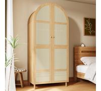 KOMHTOM Armoire à Portes Cintrées,Armoire Haute,Armoire en Bois | Meuble de Rangement,Cabinet,179 cm,Arche décorative,Tringle à Vêtements,1 Tiroir,2 Portes en Rotin,Anti-basculement