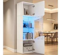 KOMHTOM Armoire Vitrine LED 35x50x165cm, Meuble Exposition Mural avec Éclairage USB, Design Contemporain pour Salon Bureau, Panneau Particules Blanc Haut-Brillant(Blanc Haut-Brillant)