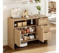 KOMHTOM Buffet Bas de Cuisine Meuble de Rangement en Rotin avec 3 Tiroirs et 2 Portes Cannées Poignées Dorées Commode Salon Panneau Particules Naturel(105x40x76cm)
