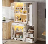 KOMHTOM Buffet de Cuisine Haut 105 cm Style Ferme, Vaisselier avec Prises, LED et Étagère à Épices, 3 Tiroirs et Portes en Verre, Blanc/Bois (Style Ferme & Épices (105cm) - Blanc/Bois)