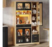 KOMHTOM Buffet de Cuisine Haut 105 cm Style Ferme, Vaisselier avec Prises, LED et Rangement pour Épices, 3 Tiroirs et Portes en Verre, Noir/Bois(2-Style Ferme & Épices (105cm) - Noir/Bois)