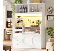 KOMHTOM Buffet Haut Cuisine 120cm avec LED RGB Portes Coulissantes Blanc | Vérins à gaz pour portes relevables, 3 grands tiroirs, casier à vin latéral, poignées dorées et structure en MDF.
