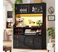 KOMHTOM Buffet Haut Cuisine 120cm avec LED RGB Portes Coulissantes Noir | Vérins à gaz pour portes relevables, 3 grands tiroirs, casier à vin latéral, poignées dorées et structure en MDF.