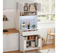 KOMHTOM Buffet Haut Cuisine 72cm avec Prises Électriques et LED RGB Blanc | Bloc 2 prises AC et 2 USB, grand tiroir central, étagère à épices intégrée à la porte, panneaux MDF et kit mural.