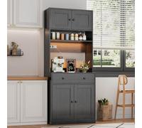 KOMHTOM Buffet Haut Cuisine 72cm avec Prises Électriques et LED RGB Noir | Bloc 2 prises AC et 2 USB, grand tiroir central, étagère à épices intégrée à la porte, panneaux MDF et kit mural.