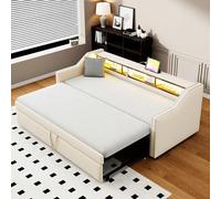 KOMHTOM Canapé lit avec LED Lit 1 Personne avec lit gigogne, lit escamotable Cadre de lit avec sommier à Lattes et Compartiments de Rangement (Matelas Non Inclus) (Beige-3)