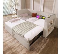 KOMHTOM Canapé-lit Rembourré 90 x 200cm, Lit Simple Convertible avec lit gigogne, Équipé d'un Port de Recharge, d'un Porte-gobelet et Étagère de Rangement(sans Matelas) (Beige, 90 x 200cm)