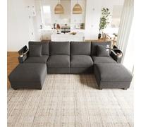 KOMHTOM Canapé Panoramique Modulable 275 cm, Velours Côtelé, Support Téléphone 360, Ports USB Type C, Canapé Angle U 6 Places avec Rangement, Porte Gobelets, Coussins Inclus (Gris)