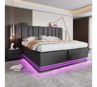 KOMHTOM Double Rembourré Lit Coffre avec Bande Lumineuse LED et Port de Charge, Lit de Rangement avec Sommier à Lattes(sans Matelas) (Gris-Lin, 180×200CM)