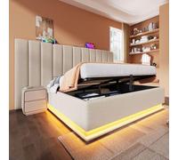 KOMHTOM Double Rembourré Lit Coffre avec Bande Lumineuse LED et Port de Charge, Lit de Rangement avec Sommier à Lattes(sans Matelas) (Beige-Lin, 180×200CM)