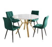 KOMHTOM Ensemble Table et 4 Chaises Salle à Manger - Table Ronde avec Plateau en MDF Structuré Marbre et Pieds Métal, Chaises en Velours pour Salon, Dîner Moderne (Or+Vert)