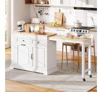 KOMHTOM îlot central cuisine extensible,blanc,112-180cm,meuble poubelle | 2 tiroirs,placard à tablette réglable,rangements de porte,étagère latérale à 3 niveaux,MDF+PB,2 colis