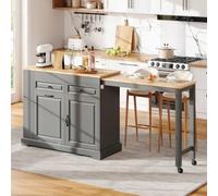 KOMHTOM îlot central cuisine extensible,gris,112-180cm,meuble poubelle | 2 tiroirs,placard à tablette réglable,rangements de porte,étagère latérale à 3 niveaux,MDF+PB,2 colis