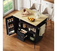 KOMHTOM îlot Central Cuisine Mobile Noir,casier à vin,104×45/69×89cm | 2 grands tiroirs,placards avec étagères,rangements de porte et porte-serviette latéral,structure en MDF